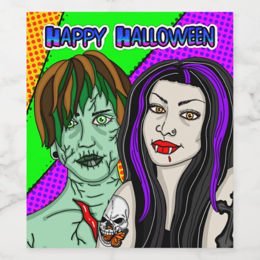 Halloween Party | Pop Art zombie Vampire Wijn Etiket (Enkel label)