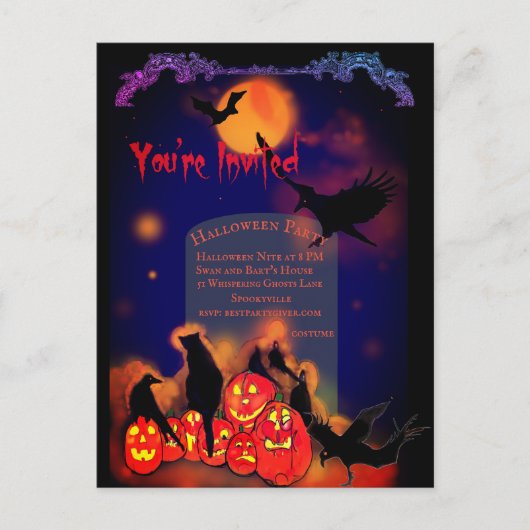 Halloween Party Pumpkins Ravens Cat Full Moon Briefkaart (Voorkant)