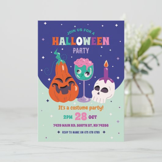 Halloween Party Retro Cocktails  Skull Kaart (Staand voorkant)