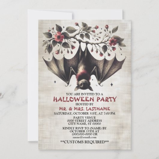 Halloween Party Roze Bloemen Vleermuis Groene blad Kaart (Voorkant)