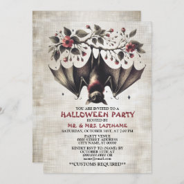 Halloween Party Roze Bloemen Vleermuis Groene blad Kaart