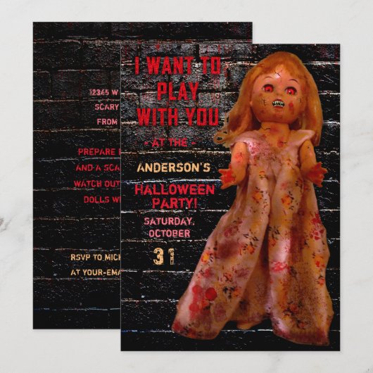Halloween Party Scary Creepy Doll wil spelen Kaart (Voorkant / Achterkant)