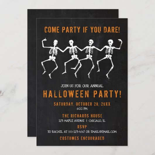 Halloween party Skeletons dansend chalkboard Kaart (Voorkant / Achterkant)