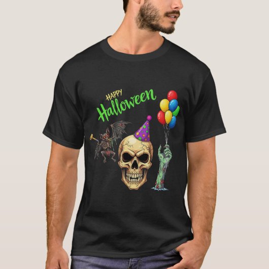 Halloween Party Skull, Bat & Zombie T-shirt (Voorkant)