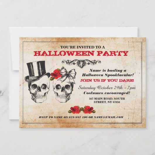 Halloween Party Skulls Rozen Horror Costuum Invite Kaart (Voorkant)