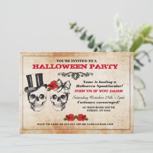 Halloween Party Skulls Rozen Horror Costuum Invite Kaart (Staand voorkant)
