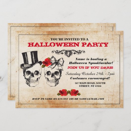 Halloween Party Skulls Rozen Horror Costuum Invite Kaart (Voorkant / Achterkant)