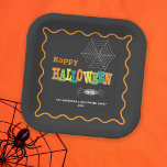 Halloween Party Spider Kleurrijke Typografie Papieren Bordje<br><div class="desc">Deze Halloween Party papieren borden bieden een leuk ontwerp met felgekleurde typografie op zwart. Het ontwerp is geaccentueerd met een leuke spin en web.</div>