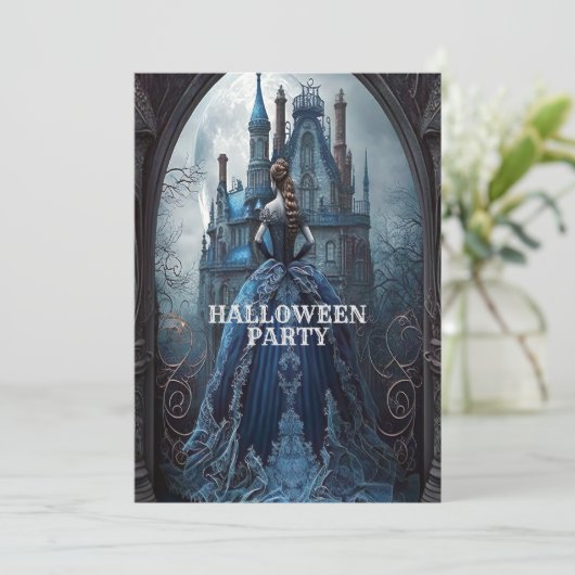 Halloween Party Spookhuis Blauwe Nacht Eng Kaart (Staand voorkant)