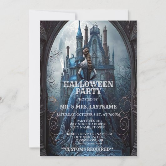 Halloween Party Spookhuis Blauwe Nacht Eng Kaart (Achterkant)