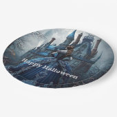 Halloween Party Spookhuis Blauwe Nacht Eng Papieren Bordje (Gekanteld)