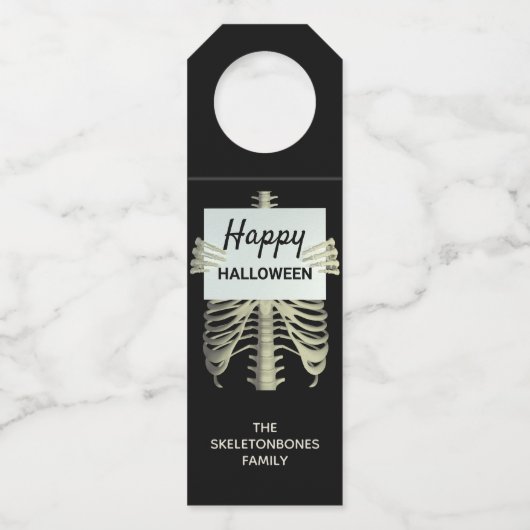 Halloween Party Spooky Skelet Zwart-wit Flessenhanger (Voorkant)