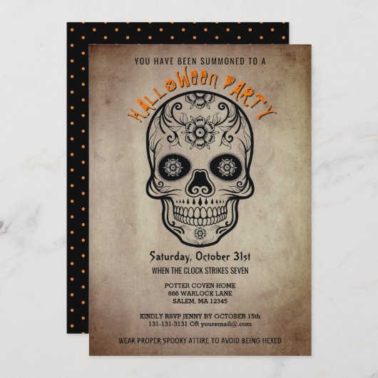 Halloween Party Sugar Skull Day of the Dead Invite Kaart (Voorkant / Achterkant)