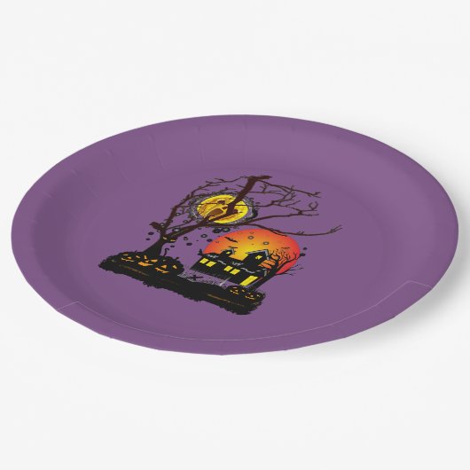 Halloween Party Time in Paars Papieren Bordje (Gekanteld)