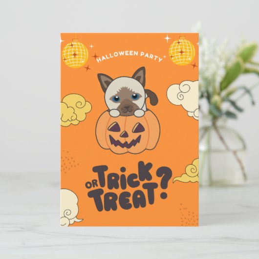 Halloween Party Trick or treat Siamese Kat Pumkin Feestdagenkaart (Staand voorkant)