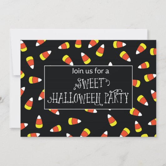 Halloween Party Uitnodiging Candy Corn op Zwart (Voorkant)
