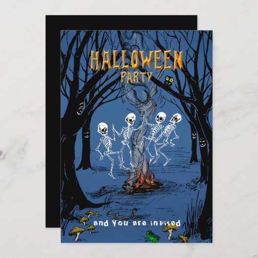 Halloween Party uitnodiging Dancing Skeletons (Voorkant / Achterkant)