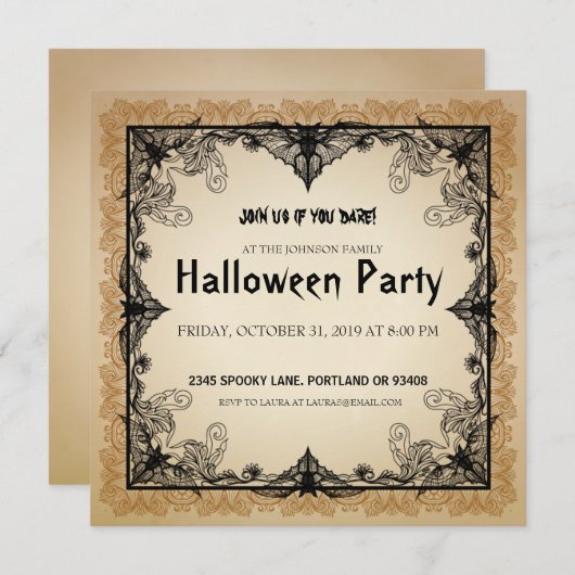 Halloween Party Uitnodiging  Gothic Bats (Voorkant / Achterkant)