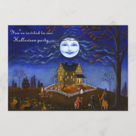 Halloween, party, uitnodiging, heks, maan, duivel, kaart