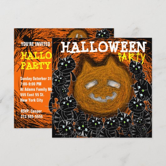 Halloween Party Uitnodiging Pompoen Kat Gezicht (Voorkant / Achterkant)
