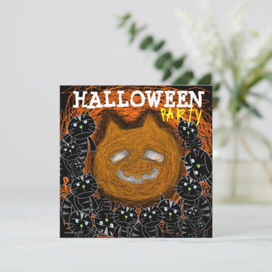 Halloween Party Uitnodiging Pompoen Kat Gezicht (Staand voorkant)