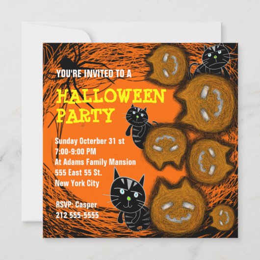 Halloween Party Uitnodiging Pompoen Kat Gezicht (Achterkant)
