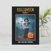 Halloween Party uitnodiging Skeleton en pompoenen (Staand voorkant)