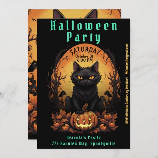 Halloween Party | Uitnodiging voor zwarte katten e (Voorkant / Achterkant)
