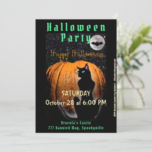 Halloween Party | Uitnodiging voor zwarte katten e (Staand voorkant)