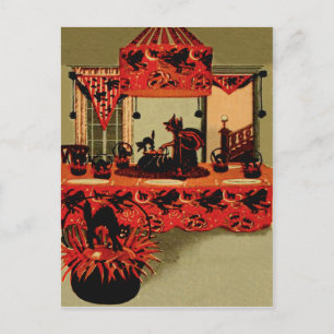 Halloween Party Witch Black Cat Crescent Moon Feestdagenkaart