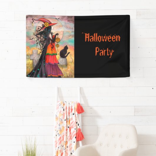 Halloween Party Witch en Cat Fantasy Art Spandoek (Insitu)