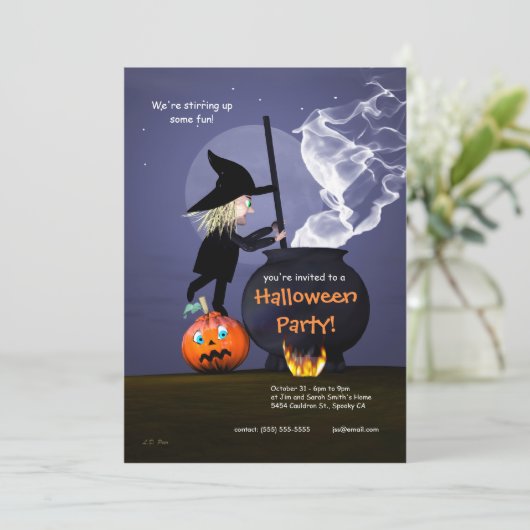 Halloween Party Witch en Cauldron Kaart (Staand voorkant)