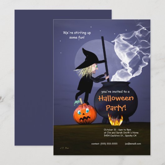 Halloween Party Witch en Cauldron Kaart (Voorkant / Achterkant)