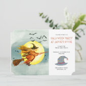 Halloween Party Witch op Broomstick Full Moon Kaart (Staand voorkant)