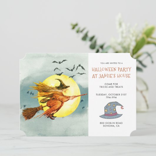 Halloween Party Witch op Broomstick Full Moon Kaart (Staand voorkant)
