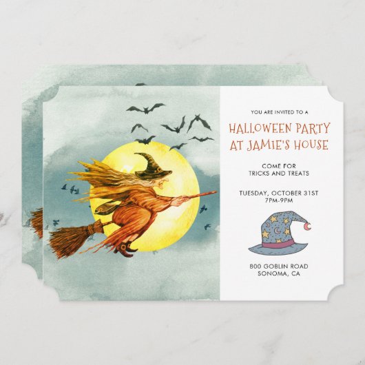 Halloween Party Witch op Broomstick Full Moon Kaart (Voorkant / Achterkant)