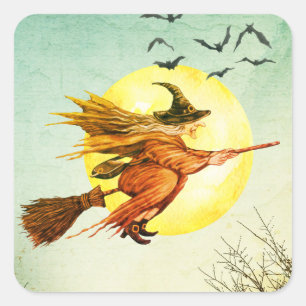 Halloween Party Witch op Broomstick Full Moon Vierkante Sticker