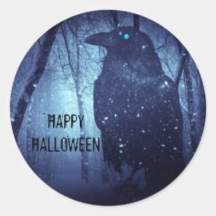 Halloween Party Zwart Raven Crow Blauw Woud Ronde Sticker
