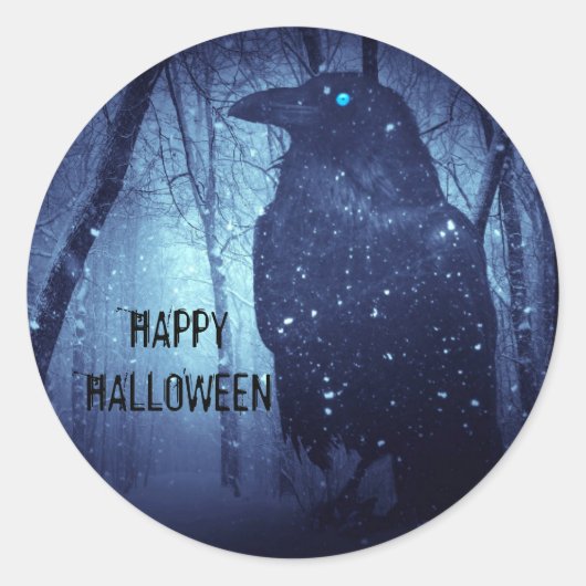 Halloween Party Zwart Raven Crow Blauw Woud Ronde Sticker (Voorkant)