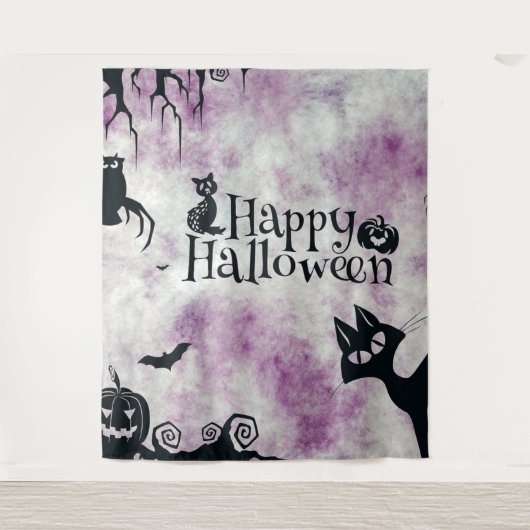 Halloween Party Zwarte Kat Boze Pompoenen Enge Uil Wandkleed (Voorkant)