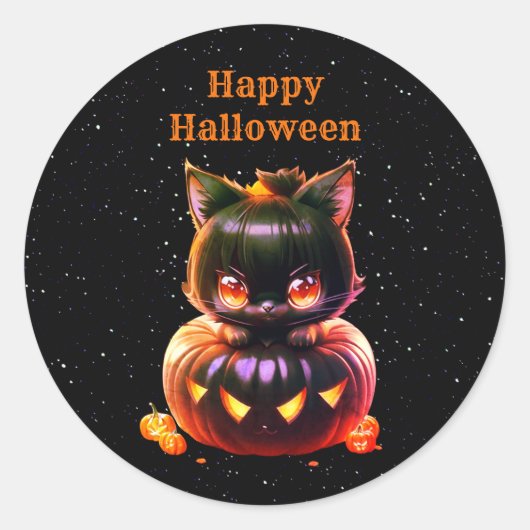Halloween Party Zwarte Kat Pompoen Horror Eng Ronde Sticker (Voorkant)