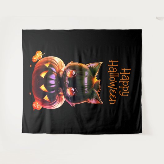 Halloween Party Zwarte Kat Pompoen Horror Eng Wandkleed (Voorkant (horizontaal))