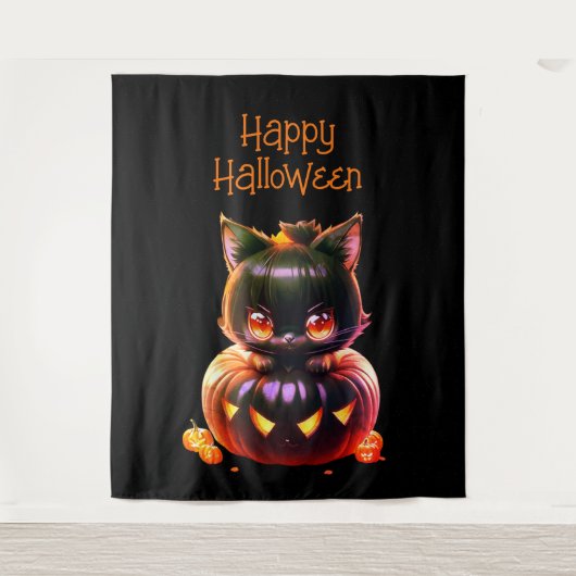Halloween Party Zwarte Kat Pompoen Horror Eng Wandkleed (Voorkant)