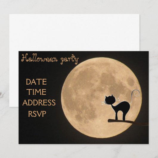 Halloween party zwarte kat volle maan kaart (Voorkant / Achterkant)