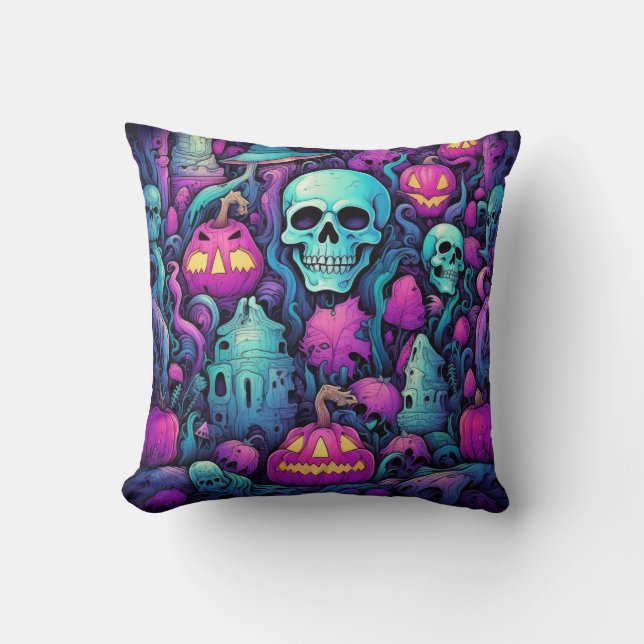 Halloween Pastel Schedels en Pompoenen Kussen (Voorkant)
