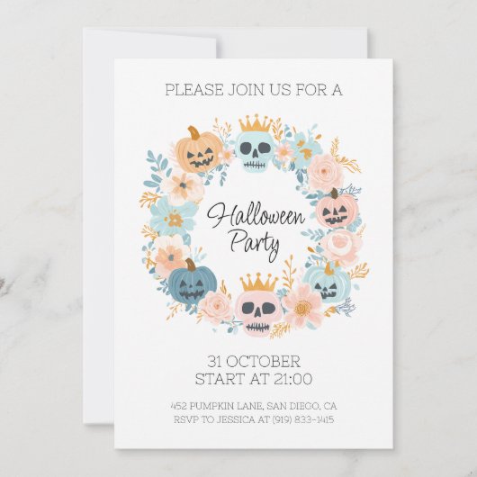 Halloween Pastel Skull Pumpkin Floral Chic Party Kaart (Voorkant)