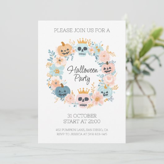 Halloween Pastel Skull Pumpkin Floral Chic Party Kaart (Staand voorkant)
