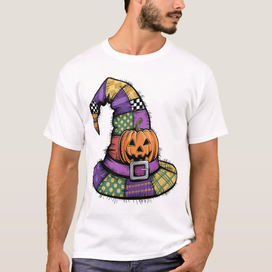 Halloween Patchwork Heksenhoed Griezelen T-shirt (Voorkant)