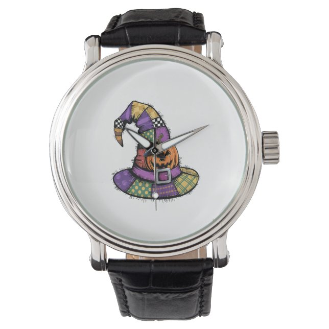 Halloween Patchwork Heksenhoed Griezelig Horloge (Voorkant)