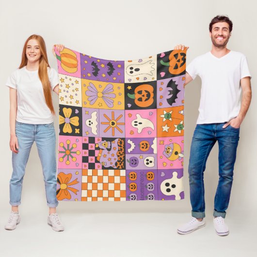 Halloween Patchwork Pattern – Feestelijke Pleinen Fleece Deken (In situ)